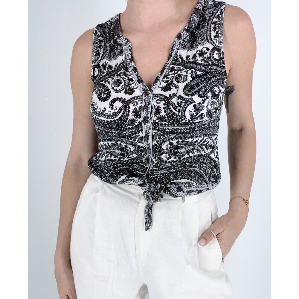 Lucky Brand Paisley Button Down Tie Front Blouse Size Small